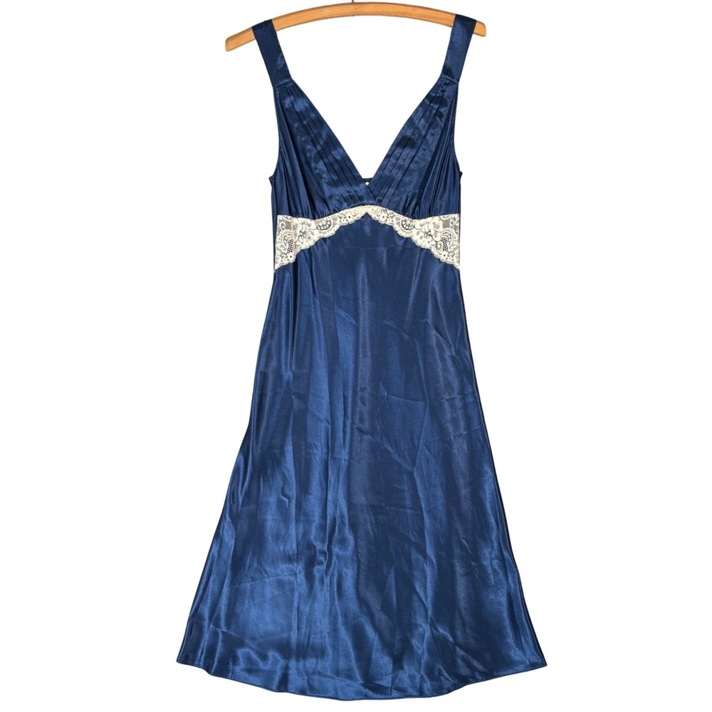 Morgan Taylor Intimates Navy Blue Satin Lace Trim Nightgown Slip Dress XS Fairy